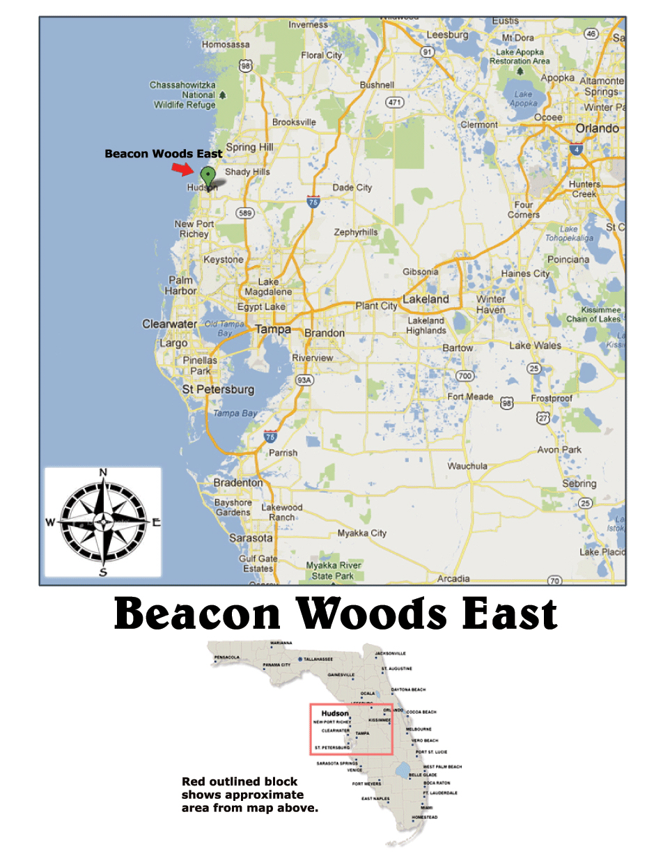 Map of General Area of Florida where Hudson, FL and Beacon Woods East